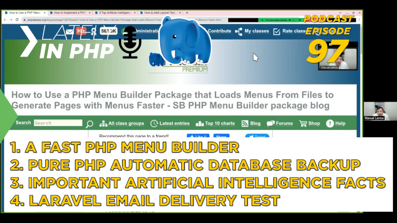 Fast PHP Menu Builder, Pure PHP Automatic Backup, 8 Artificial Intelligence Facts - 3 minutes - Lately in PHP 97